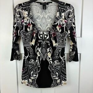 White House Black Market Black White Paisley Top Blouse Size XXS  f